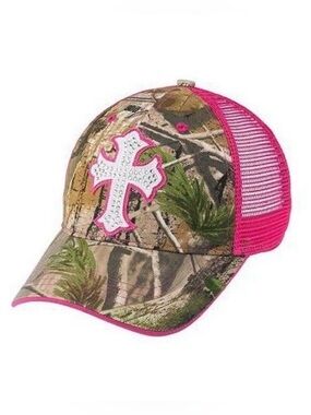 Infinity Headwear Pink & Camo Rhinestone Cross Trucker Hat 🧢